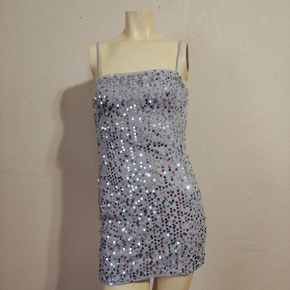 H&M Divided Silver Sequin Mini Dress Womens XS Sleeveless Party Clubwear